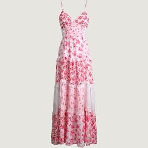 ABYOVRT Pink Floral Patchwork Lace Tiered Maxi Dress Sleeveless V-Neck Large